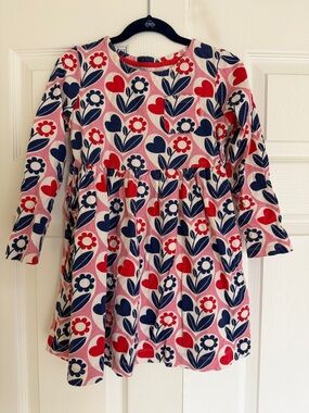 Mini Boden Pink Dress with Red Hearts & Navy Floral Print